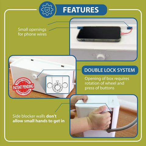 Kid Safe Power Strip Cover With Dual Lock And Side Openings For Cords, Large 13.3 Inch Box features diagram showing dual lock system.