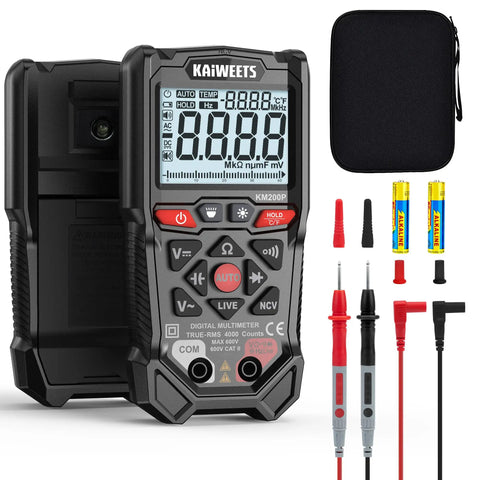 KM200P Digital Multimeter with all button operation, TRMS auto ranging, 4000 counts, NCV detection, accessories and case shown