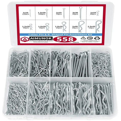 558-Piece Cotter Pin And R-Pin Kit, Rust-Proof Stainless Steel in plastic casing with organized compartments