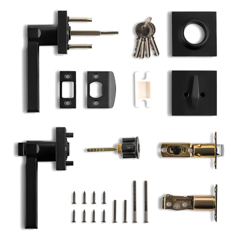 Entry Lever Door Handle Set With Single Cylinder Deadbolt, Slim Square Lever, Reversible For Right Or Left Doors, Heavy Duty Iron Black Finish