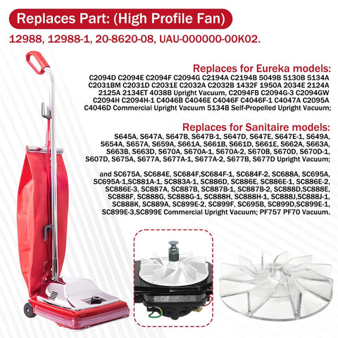 Knockout Replacement Vacuum Motor Fan Six Pack For Eureka And Sanitaire Model 12988 with high profile fan and compatibility details.