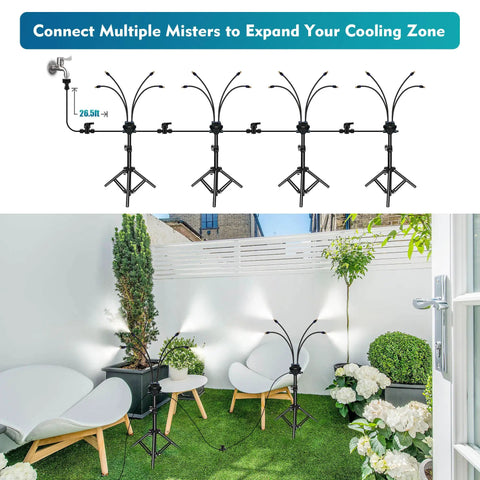 Adjustable Standing Outdoor Misting System For Patio Cooling 2.6 To 3.6 Ft Height Portable Water Mister setup on patio
