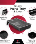 Five Piece 4 Inch Paint Tray Set With Disposable Liners, showcasing sturdy design, deep pockets, and wide legs.