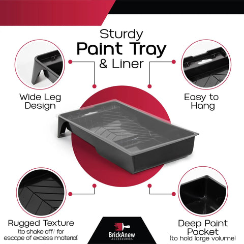 Five Piece 4 Inch Paint Tray Set With Disposable Liners, showcasing sturdy design, deep pockets, and wide legs.