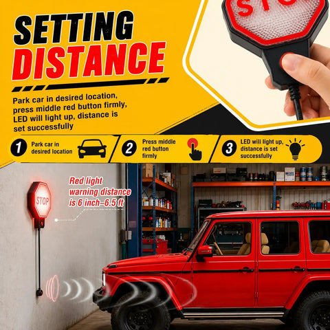 Precision LED Garage Parking Sensor With Adjustable Range And Bright Red Yellow Green Light Feedback For Dead Simple Car Stop And No Sweat Parking In Tight Spots - setting distance instructions with LED display.