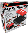 Packaging of Foldable C Frame Creeper Rolling Work Seat With Tool Tray For Mechanics In Garages And Shops Black Red 12 And A Half Inch Height Ergonomic Comfort Fold Up And Roll For Easy Storage And Quick Access To Tools