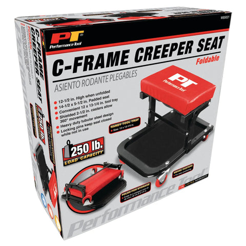 Packaging of Foldable C Frame Creeper Rolling Work Seat With Tool Tray For Mechanics In Garages And Shops Black Red 12 And A Half Inch Height Ergonomic Comfort Fold Up And Roll For Easy Storage And Quick Access To Tools