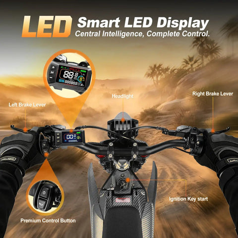 Rider's view of Electric Dirt Bike With Lights And Display For Off Road Adventures, 3840W Power, LED display, and controls.