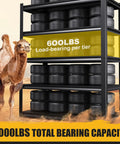 Built Like A Tank Five Tier Garage Shelving Rack With Hefty Steel Build For Boss Level Household Storage Adjustable Utility Organizer 600 Lb Capacity Black Multi Space Setup with tires and camel in background.