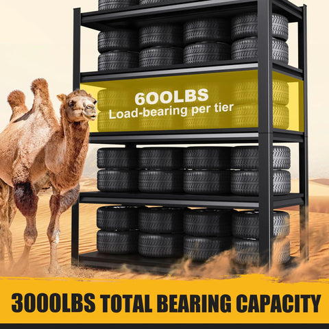 Built Like A Tank Five Tier Garage Shelving Rack With Hefty Steel Build For Boss Level Household Storage Adjustable Utility Organizer 600 Lb Capacity Black Multi Space Setup with tires and camel in background.