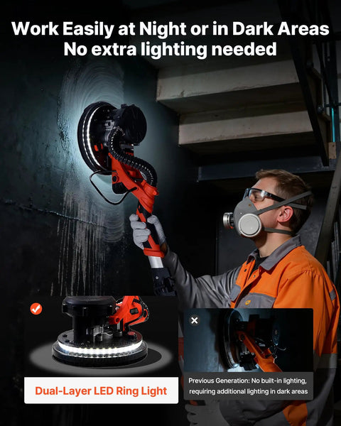 Premium Power Electric Drywall Sander Engineered For Fast Popcorn Texture Removal And Dust Free Cleanup With Variable Speed Control And Illuminating LED Lamp, being used in a dark area.