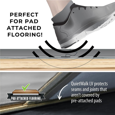 Heavy Density Sound Dampening Underlayment Roll For Luxury Vinyl Plank Flooring Kills Room Echo And Boosts Walk Comfort Foolproof Setup For Laminate And Rigid Core Wood Projects Covers 300 Square Feet with footstep illustration.
