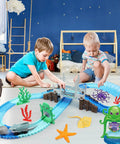 Children playing with Shark Race Track Set With Bendable Cars For Kids Aged 3 To 9, 183 Piece Ocean Themed STEM Playset in room