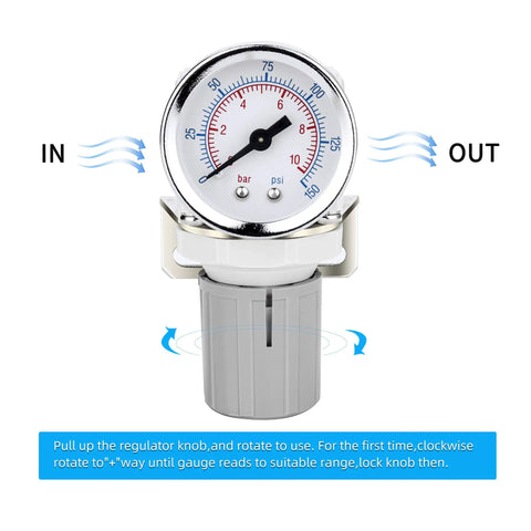 Close-up of 1/4 Inch NPT Air Regulator With Gauge For Compressed Air Systems, featuring a locking knob and steel protected gauge.