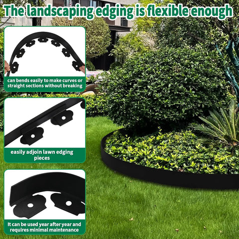 Easy No Dig Landscape Edging Border Kit with Scissors and 20 Spikes, 2-inch tall black plastic for garden edges, shown in use.