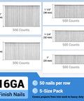 Five Sizes 16 Gauge Galvanized Finish Nails 2500 Pcs Assorted Set For Crown Molding Baseboards Cabinetry And Trim Projects