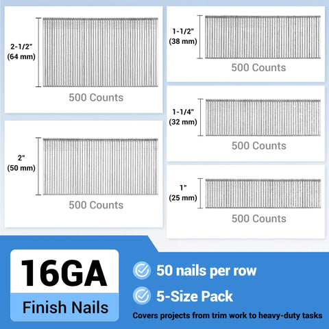 Five Sizes 16 Gauge Galvanized Finish Nails 2500 Pcs Assorted Set For Crown Molding Baseboards Cabinetry And Trim Projects