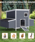 Gray sturdy wooden chicken coop with two nesting boxes, lockable doors, weatherproof roof; ideal backyard hen house.