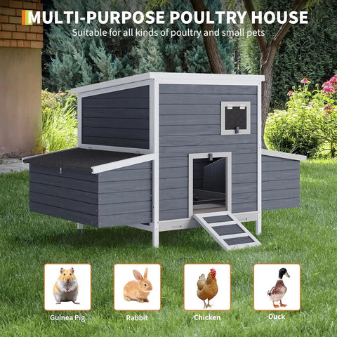 Gray sturdy wooden chicken coop with two nesting boxes, lockable doors, weatherproof roof; ideal backyard hen house.