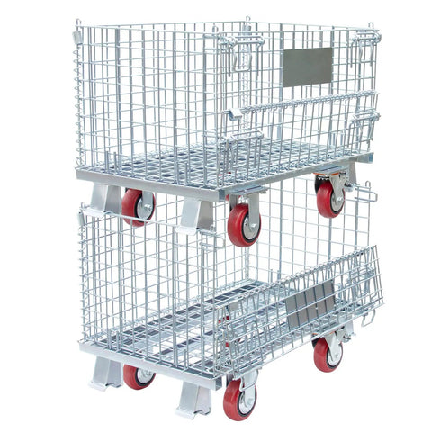 Beefy Heavy-Duty Collapsible Wire Mesh Cart With Casters 32x20x24 Steel Storage Bin 1500 Lb Capacity Stackable Industrial Tote For Warehouse Factory And Workshop, stacked view