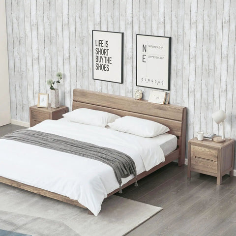 Bedroom with Peel And Stick White And Gray Wood Shiplap Wallpaper 17.7 By 118 Inches Self Adhesive Wall Covering behind bed.
