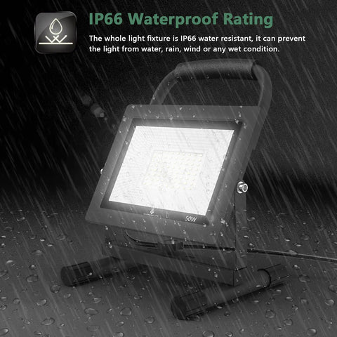 Beast Bright 50W LED Work Light With 5000LM Output, 400W Equivalent Flood Light, shown in rainy conditions with IP66 waterproof rating