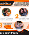 Instructions for using Ultra Lightweight Camping Sleeping Pad No More Back Pain With 5cm Thick Inflatable Mat, showing inflating, deflating, rolling.