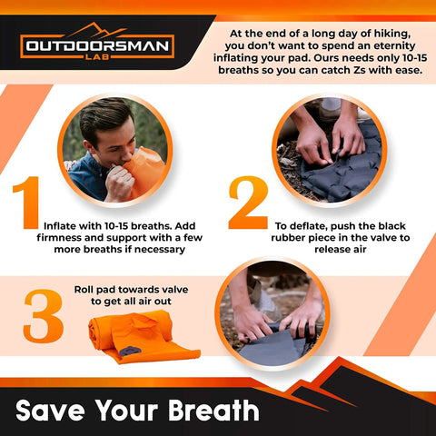 Instructions for using Ultra Lightweight Camping Sleeping Pad No More Back Pain With 5cm Thick Inflatable Mat, showing inflating, deflating, rolling.