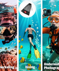 Three images showing snorkeling, diving, and underwater photography with 12x16 Inch Mesh Dive Bag With Shrink Lock And Dive Flag Mark.