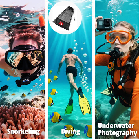 Three images showing snorkeling, diving, and underwater photography with 12x16 Inch Mesh Dive Bag With Shrink Lock And Dive Flag Mark.
