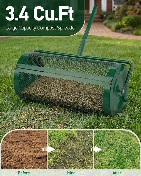 Heavy Duty 30 Inch Compost And Peat Moss Spreader With Push Or Tow Handle Adjustable Height Powder Coated Steel Basket 3.4 Cu Ft Capacity