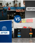 Before and after of a garage showing 36 Inch Tall Metal Storage Cabinet With Lockable Doors And Adjustable Shelves in use.