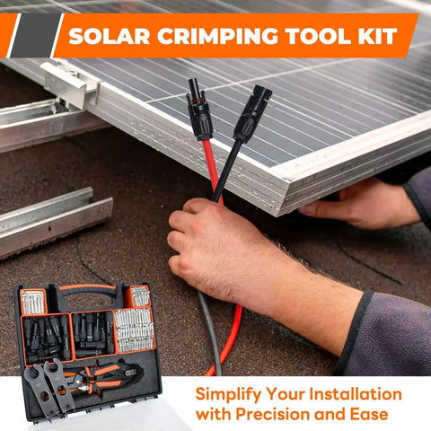 30 Piece Solar Crimping Tool Kit With Wire Stripper, visible with solar panel and connectors, in rugged case on rooftop.