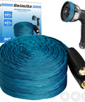 Gnimihz 50ft sea-blue TPE garden hose with brass fittings and spray nozzle, coiled beside its box.