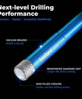 Toolant diamond drill bit, blue shank with vacuum-brazed grit, side view, 1/4" round shank