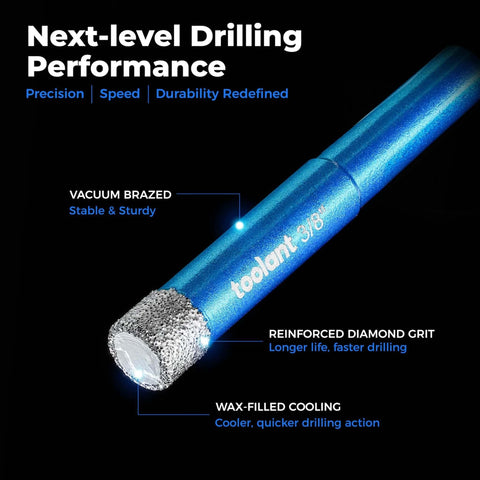Toolant diamond drill bit, blue shank with vacuum-brazed grit, side view, 1/4" round shank