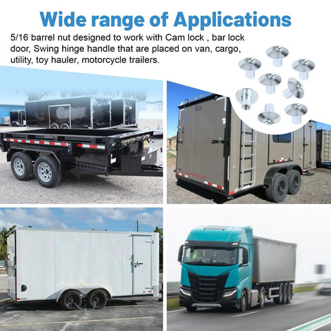Image showing various trailers and vehicles utilizing Real Deal Trailer Cam Hasp Latch Hardware Kit Ships With Eight Five Sixteenths Inch Torx Barrel Nuts And Zinc Plated Steel Bolts For Smooth Enclosed Cargo Door Hookup.