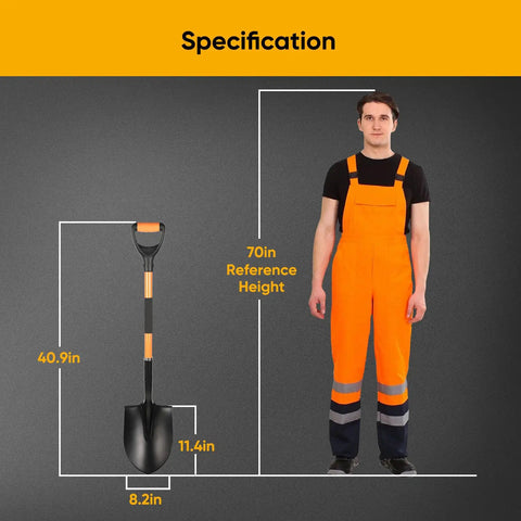 Heavy Duty Digging Shovel With Trenching Blade And D Handle Fiberglass Grip dimensions next to person for height reference.