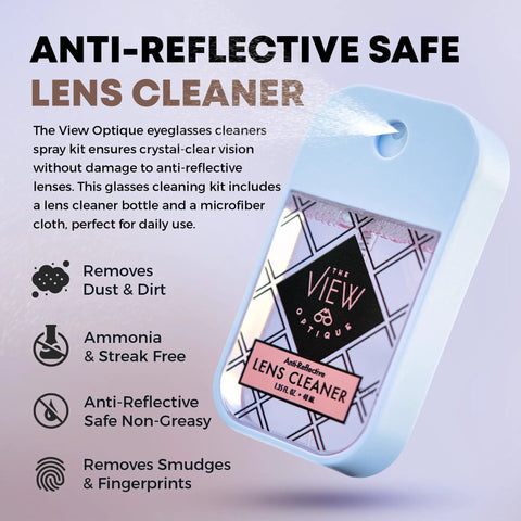 Front view of The View Optique anti-reflective safe lens cleaner spray bottle in light blue.