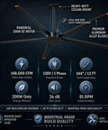 Badass 144 Inch HVLS Industrial Ceiling Fan For Warehouses And Gyms 12 Ft Big Dog Commercial Air Blower with 5 aluminum blades and 148K CFM