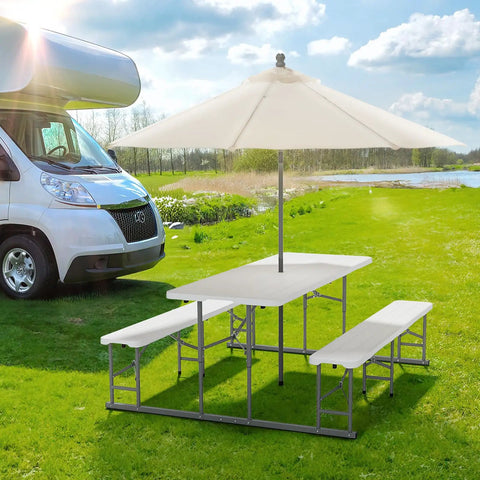 Folding Picnic Table And Bench Set With Wood Grain Plastic Top And Sturdy Metal Frame, Portable Outdoor Dining Gear for Camping with Umbrella