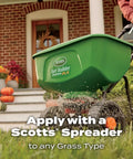Fall Lawn Fertilizer Sets Up Solid Roots For Serious Recovery From Summer Slump And Heat Stress with Scott's Spreader applied in yard.