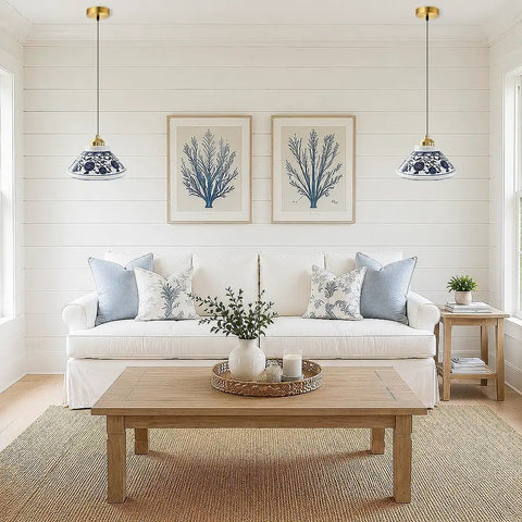 SIMEESO Ceramic Pendant Light,Chinese Blue and White Porcelain Pendant Lamp above a white sofa in a cozy living room setting.