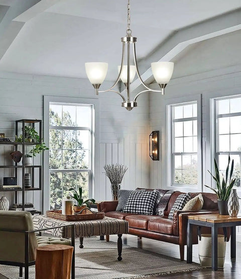 Living room with Three Light Dope Sleek Contemporary Chandelier In Brushed Nickel With White Glass Shades Modern Ceiling Hanging Pendant Lighting