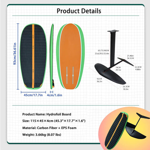 Lift Surf Ready Carbon Fiber Hydrofoil Board For Efoil, Wing Foil And SUP Adventures with lime green and orange accents, size 115x45x4cm