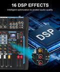 Close-up of 12 Channel USB Audio Mixer With Built In 16 Bit DSP Effects, showcasing DSP chip and control knobs.