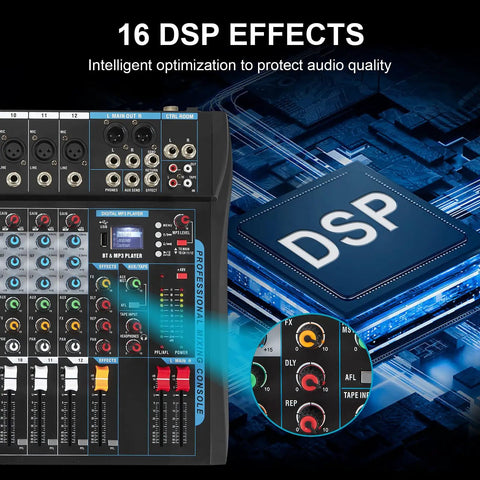 Close-up of 12 Channel USB Audio Mixer With Built In 16 Bit DSP Effects, showcasing DSP chip and control knobs.