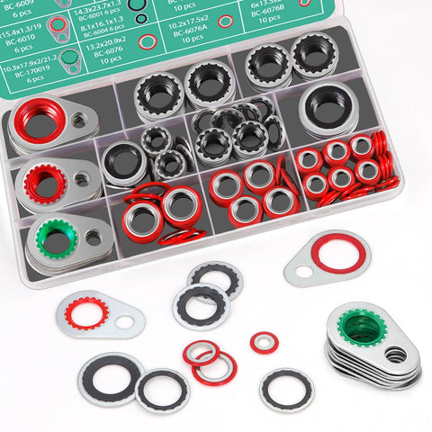 Top-down view of a 95-piece automotive AC compressor gasket kit in a clear case with red and black O-rings.