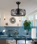 Crystal Caged Bladeless Ceiling Fan With Lights in living room, Dope Black Enclosed Chandelier Ceiling Fan With Remote Control