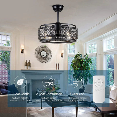Crystal Caged Bladeless Ceiling Fan With Lights in living room, Dope Black Enclosed Chandelier Ceiling Fan With Remote Control
